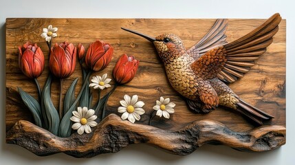 Obraz premium Intricate Wooden Carving of Hummingbird and Tulips
