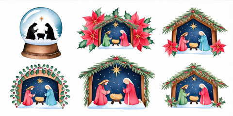 Fototapeta premium Watercolor Christmas Nativity Scenes Snow Globe Holiday Illustrations