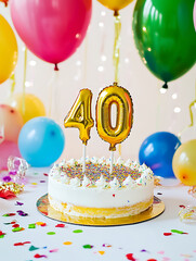 festive birthday celebration with colorful cake topped with 40 candles, surrounded by vibrant balloons and confetti