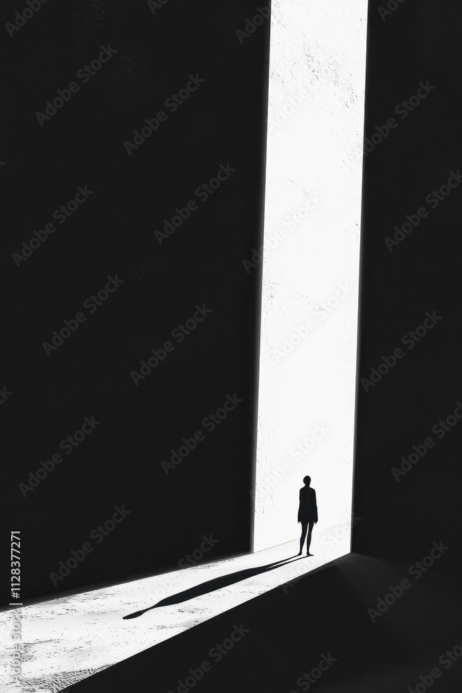 Poster exploring solitude: the profound contrast and minimalist beauty of light and shadow in a vast empty 