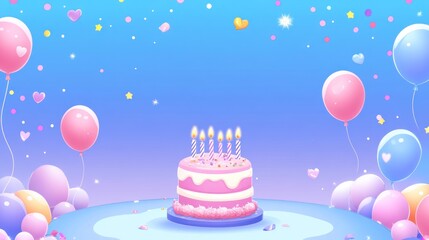 Colorful birthday cake with balloons and decorations