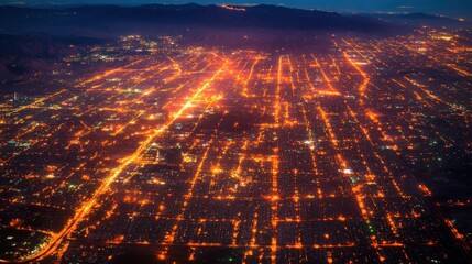 Fototapeta premium Nighttime aerial view of Los Angeles city lights, grid pattern streets, hills in the distance,