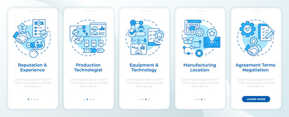 Choosing contract manufacturer blue onboarding mobile app screen. Walkthrough 5 steps editable graphic instructions with linear concepts. UI, UX, GUI template. Montserrat SemiBold, Regular fonts used