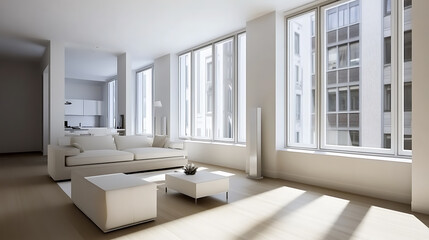 Fototapeta premium minimalist studio apartment living room with large windows, white furniture, and natural light creating serene atmosphere. open space connects to modern kitchen area