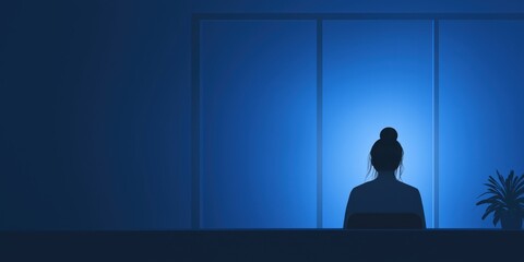 Fototapeta premium A silhouetted figure sits in a dimly lit room with soothing blue light, evoking a sense of introspection, solitude, and the contemplation of deep thoughts and emotions.
