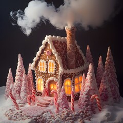 A delightful gingerbread house with glowing windows amidst candy cane trees, smoke curling from its chocolate chimney.