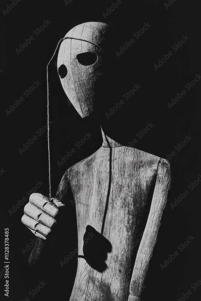 Poster exploring the shadows: an intriguing wooden puppet symbolizing the complex states of mind and emotio