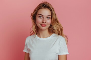 Obraz premium Happy successful blonde woman in white t shirt on pink background.