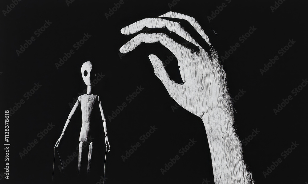 Poster exploring control and influence: the enigmatic dance of silhouettes in a world of shadows and string