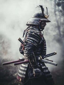 traditional Japanese samurai in full armor stands in misty forest, holding matchlock gun and swords, exuding sense of strength and honor