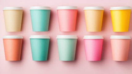 Eco friendly cups in soft beige, pink, green, and yellow colors arranged neatly
