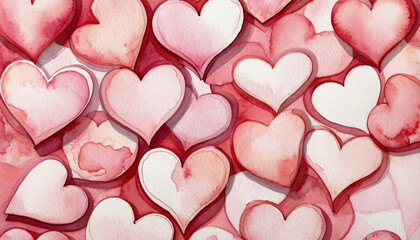 Pink watercolor hearts on a white background. Valentine's Day. Template for design, printing on fabric, packaging.