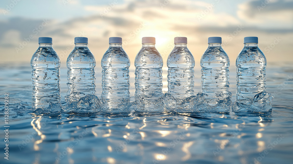 Poster water bottles aligned in ocean with sunset backdrop reflecting on the surface creating a serene atmo