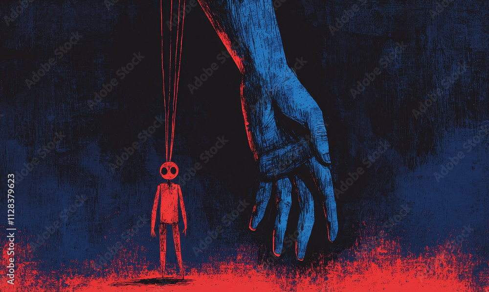 Poster surreal illustration of control: depicting manipulation and power through a hand and puppet with dar