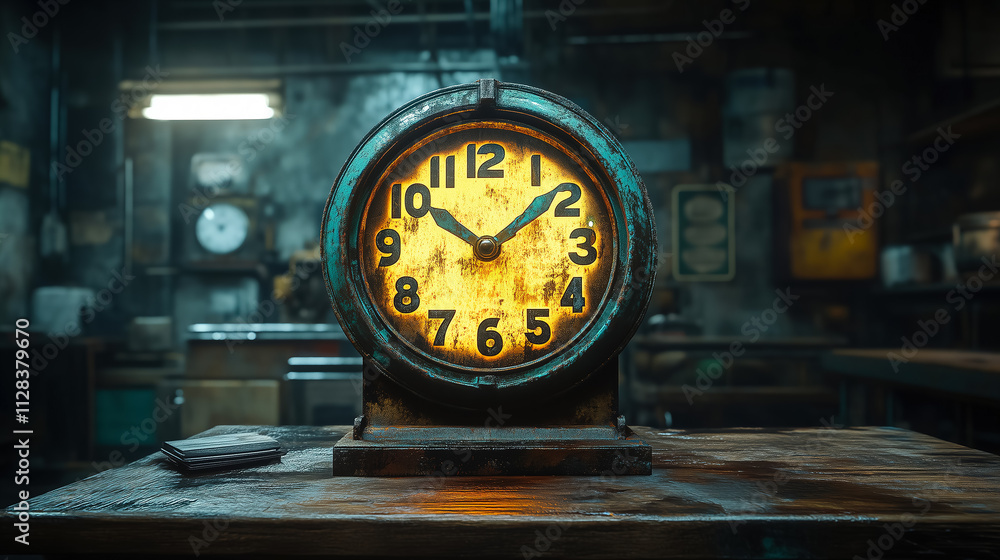 Poster vintage clock displayed in a rustic workshop illuminated by soft ambient light during late afternoon