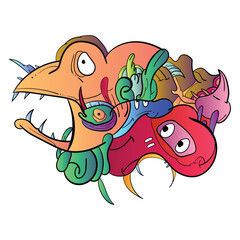 Vector illustration of Doodle cute Monster, face, eye, bird, fang and skull . Hand drawing Doodle