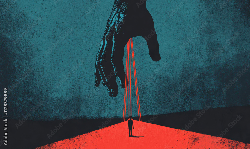 Poster surreal illustration of manipulation: the powerful hand controlling a lone figure with red strings i