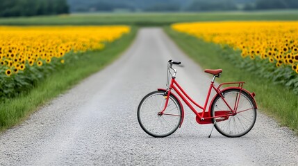 Naklejka premium Bicycles leaning against a quiet country road sunflowers blossoming in the adjacent fields under the warm summer sun A serene and picturesque rural landscape scene