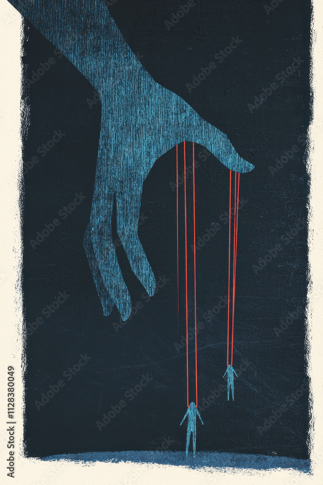 Poster dramatic depiction of control and manipulation in a stylized puppeteer illustration exploring power 