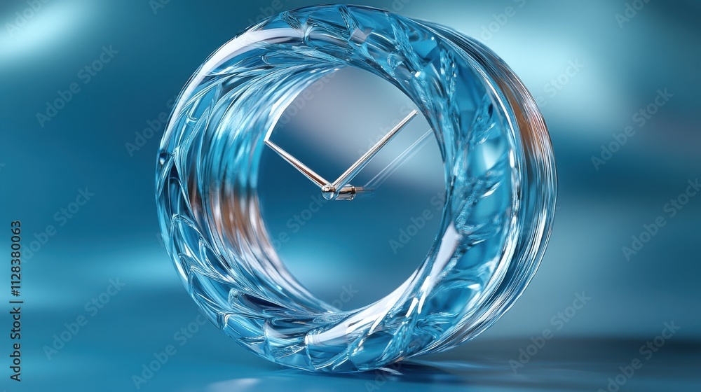 Poster a blue circle clock isolated on a blue background is crafted from clear glass notion of time travel 