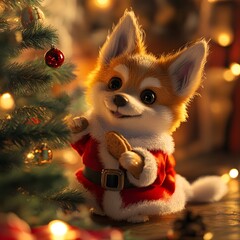 A Playful Pup in Santa Suit by Christmas Tree, Wagging Tail, Mischievous Eyes