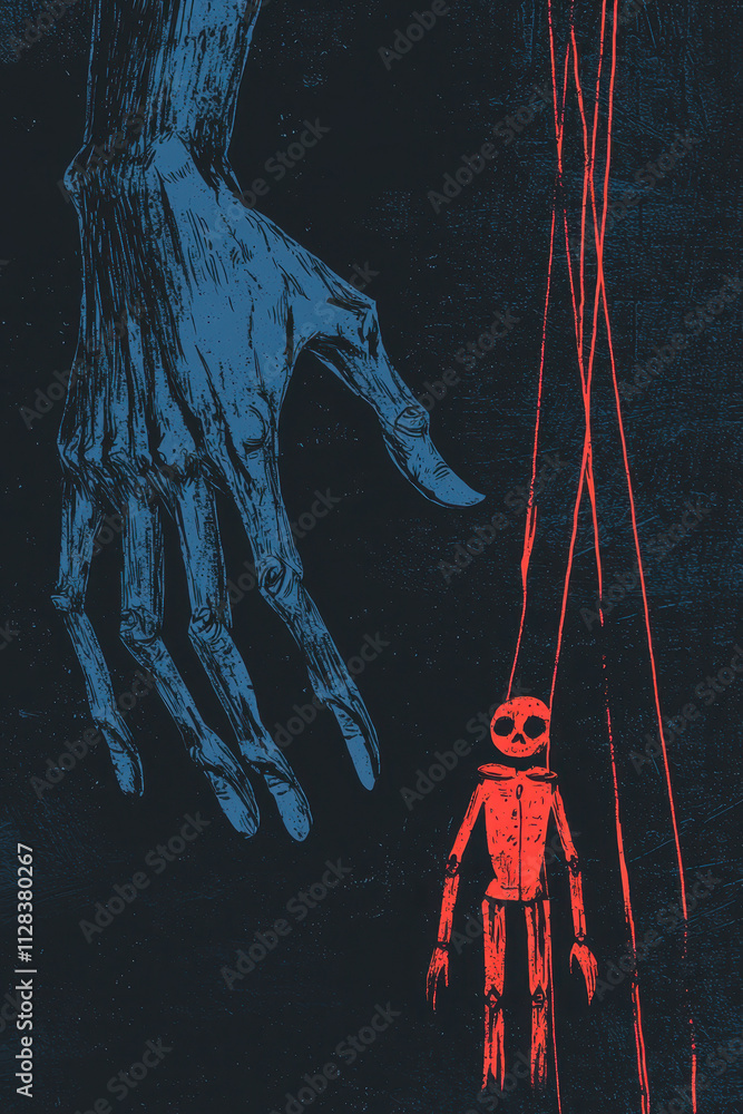 Poster expressive illustration depicting the complex dynamics of control and manipulation through symbolic 