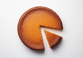 Freshly Baked Golden Brown Cake with a Slice Removed on a Clean White Background Showcasing Delicious Texture and Moist Interior