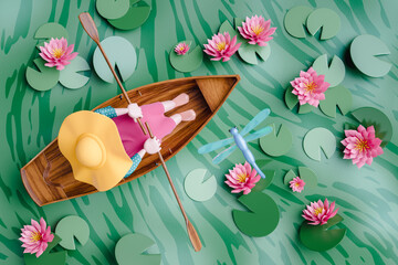 Artistic 3D rendering of a person rowing among lilies and dragonflies