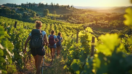 A cheerful group of travelers enjoys their hike through vibrant vineyards, surrounded by lush greenery and golden sunlight, capturing the essence of adventure and camaraderie