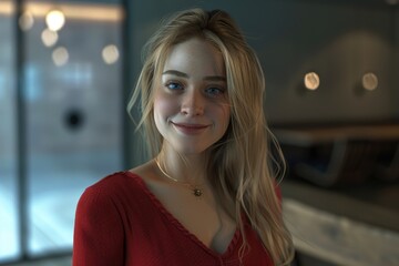 Obraz premium Confident young woman with blonde hair and friendly smile indoors.