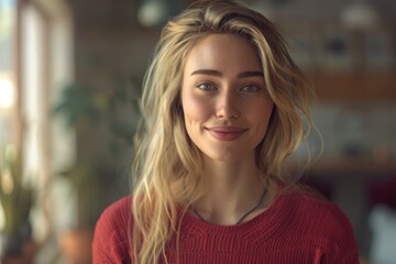 Fototapeta premium Confident young woman with blonde hair and friendly smile indoors.