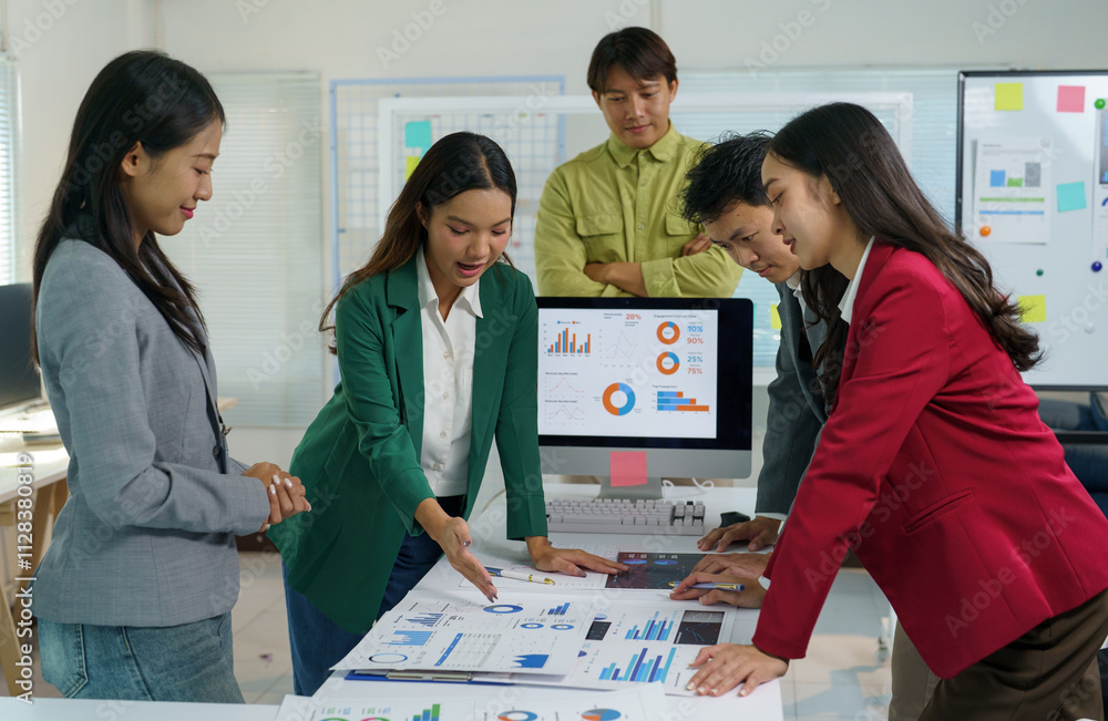Poster team work process business team use calculator to calculate figures, business statistics, profit, co