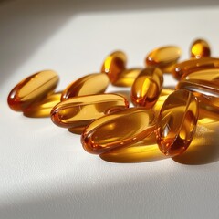 Yellow fish oil soft gels on a white background.