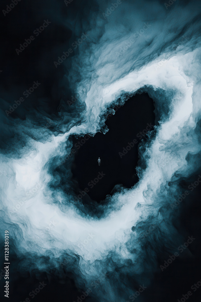 Aufkleber exploring the boundaries of solitude in a dreamlike ethereal realm surrounded by deep blue and mysti