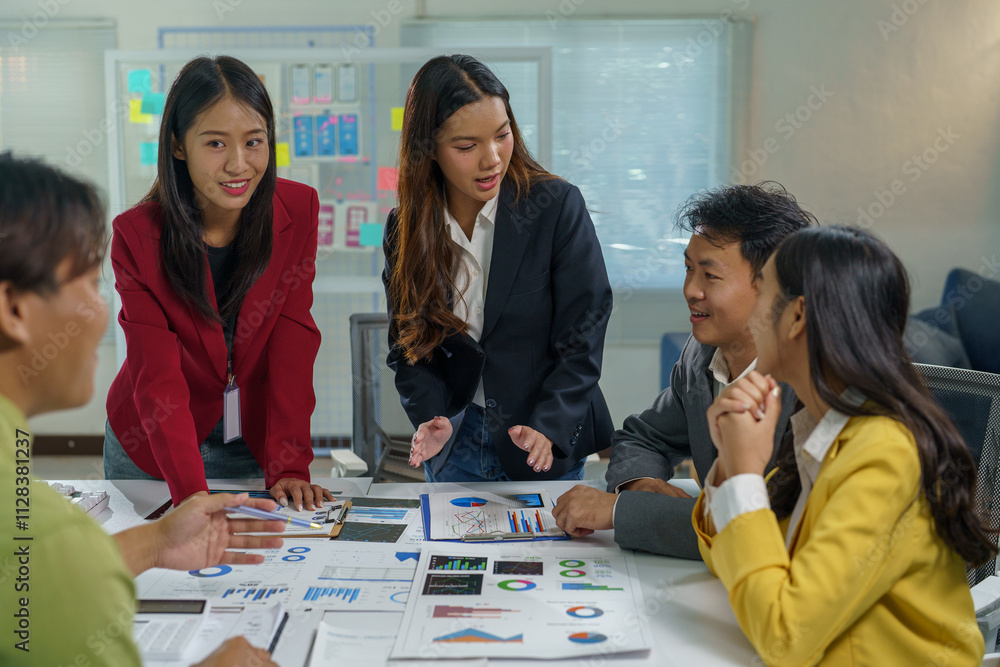 Poster business groups meeting in asia and discussing new startup idea projects. business team planning str