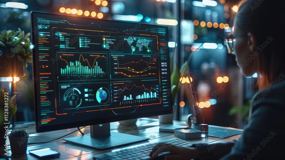 Poster A modern workspace with a person working on a sleek computer, surrounded by glowing holographic charts and graphs showing audience demographics, behavioral insights, and market trends.