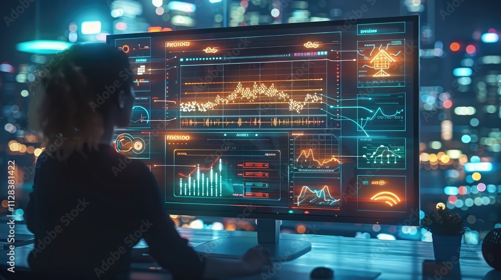 Poster A modern workspace with a person working on a sleek computer, surrounded by glowing holographic charts and graphs showing audience demographics, behavioral insights, and market trends.