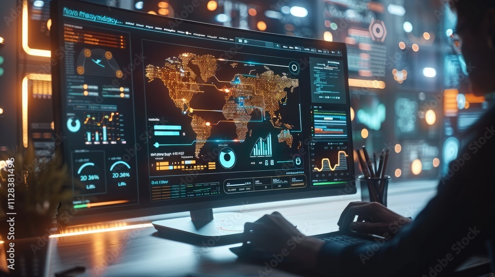 Poster A modern workspace with a person working on a sleek computer, surrounded by glowing holographic charts and graphs showing audience demographics, behavioral insights, and market trends.