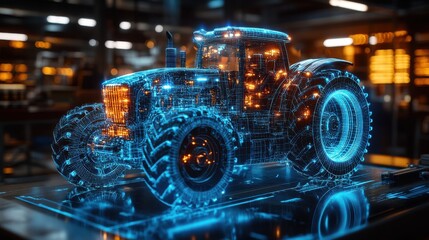 Fototapeta premium a blue light holographic display displaying an intricate industrial farm tractor schemati