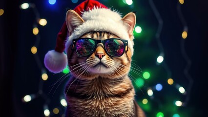 Festive Feline: A Cool Cat in Santa Hat and Sunglasses, Perfect for Christmas and Holiday Greetings