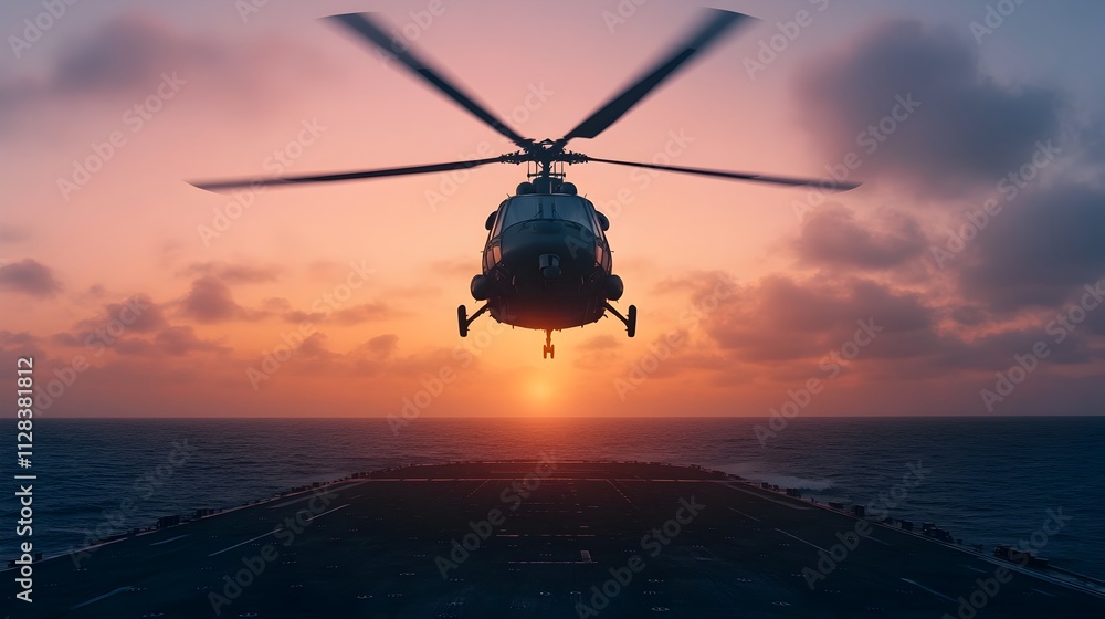 Poster aerial view of helicopter hovering gracefully above a naval ship on the open ocean poised for a smoo