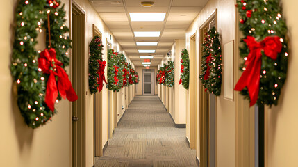 narrow corridor decorated with festive wreaths and garlands, creating warm holiday atmosphere. red bows and lights add cheerful touch to space