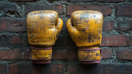 a brick wall displays a pair of yellow boxing glove