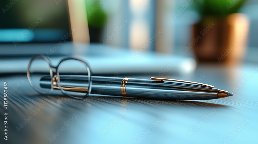 Poster a close up picture of a pen on a computer and noteboo