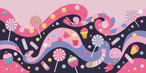 Fototapeta premium Sweet Candyland Lollipops Cupcakes Gummy Candy Background