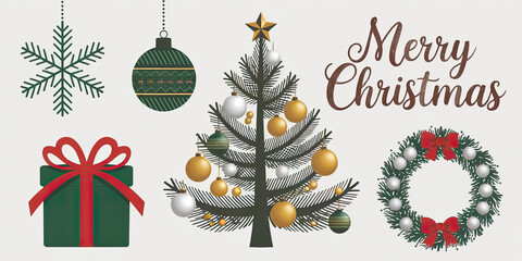 Merry Christmas Festive Design Tree Wreath Gift Ornaments Snowflake