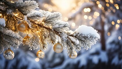 A magical winter scene with a frosted pine branch dusted with snow, glowing fairy lights, and intricate silver and gold ornaments hanging from the branches.