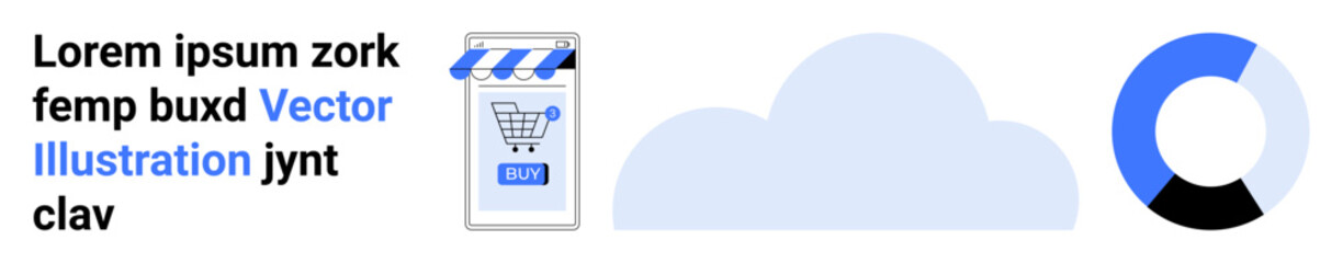 Text, shopping cart on mobile storefront, cloud, circular chart in blue, gray, white. Ideal for eCommerce, cloud computing, financial analysis, technology presentations, online marketing, user