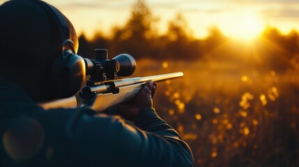 Hunter aiming with rifle scope at sunset in open field