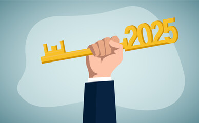 Key to new year's success, opportunity concept, businessman holding a key, setting and achieving goals, successful and ambitious entrepreneur.